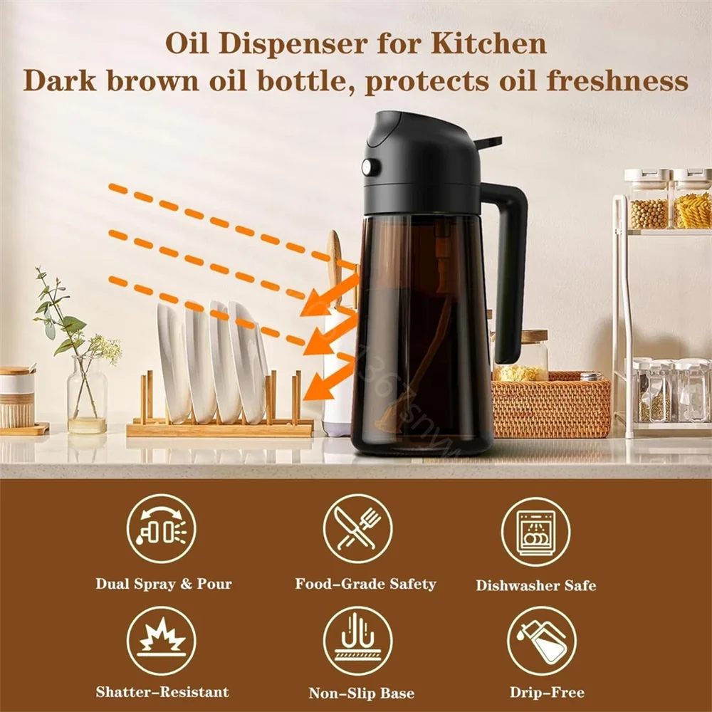 16Oz/470Ml 2-In-1 Brown Glass Oil Dispenser Sprayer Leakproof Olive Oil Sprayer Bottle for Cooking Air Fryer BBQ Baking Salad